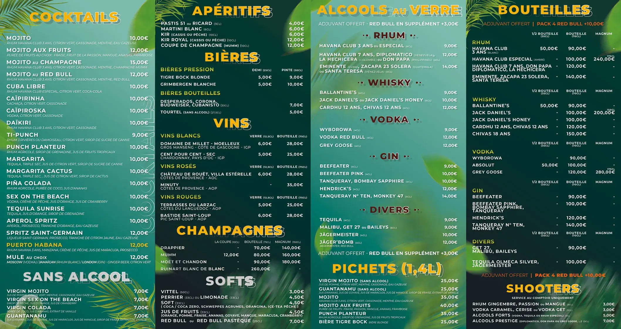 Carte des cocktails Puerto Habana